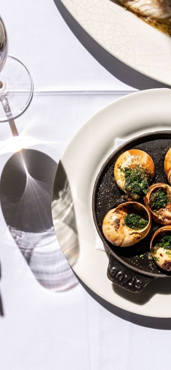 Plated seafood and wine